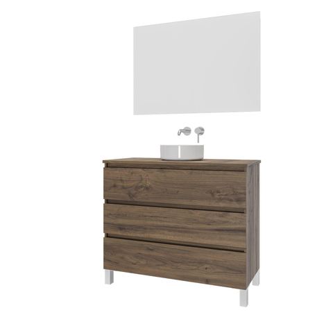 Saniclass Chaci PLUS Meuble de salle de bain - 100x86x46cm - vasque - plan de toilette - 3 tiroirs - miroir rectangulaire - noyer (hout) SW1027200