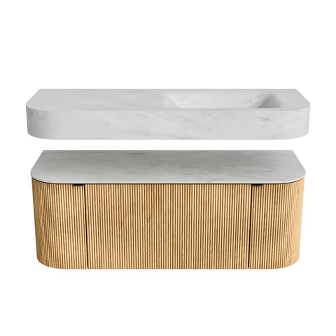 MONDIAZ THOR-DLUX Meuble de salle de bains 120cm arrondi gauche + droite couleur Oak avec 1 tiroir et 2 portes. Vasque suspendue CLOUD Droite sans trou de robinet couleur Opalo. SW1463095