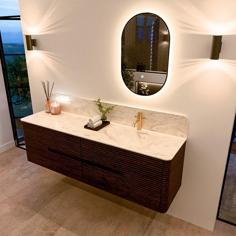 Mondiaz CIRO-DLUX Badkamermeubelset - 170x45x50cm - Solid surface wastafel Ostra - 1 wasbak Rechts - 1 kraangat - 4 lades - Walnut SW1530382