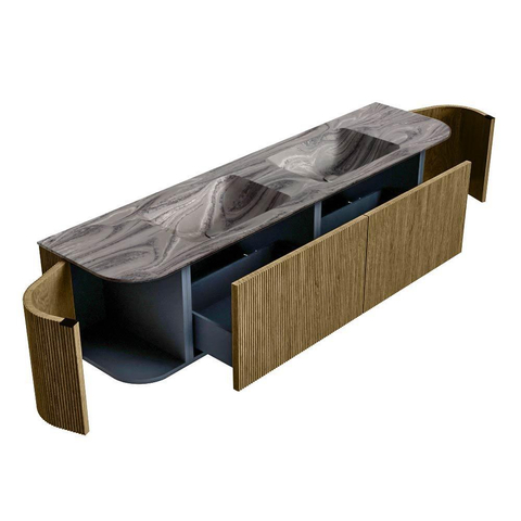 MONDIAZ KURVE-DLUX Meuble de salle de bains 180cm arrondi Gauche + Droite couleur Dusk avec 2 tiroirs et 2 portes. Lavabo LEAF Double sans trou de robinet Sombra. SW1433895