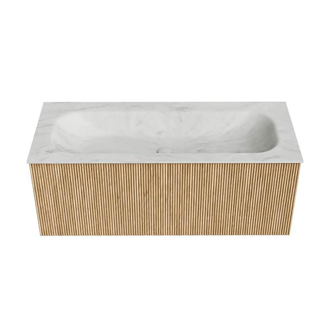 MONDIAZ KURVE-DLUX meuble de salle de bains 110 cm couleur Oak avec 1 tiroir. Lavabo BIG MEDIUM central 1 trou de robinet couleur Opalo. SW1137566