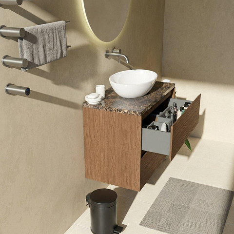 Saniclass Holz Pure Badkamermeubelset - 80x45x63cm - Noche natuurstenen topblad dark emperador - zonder kraangat - 2 lades - mat walnut pure (hout) SW1478260