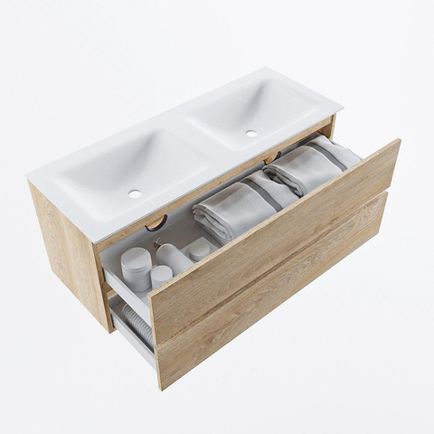 MONDIAZ VICA meuble sous lavabo 120cm Chêne blanchi 2 tiroirs. Lavabo CLOUD double 2 trous de robinet, couleur Talc. SW1381904