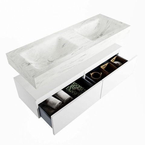 Mondiaz ALAN-DLUX Ensemble de meuble - 130cm - meuble Talc mat - 2 tiroirs - Lavabo Cloud Opalo suspendu - vasque Gauche et droite - 0 trous de robinet SW806351