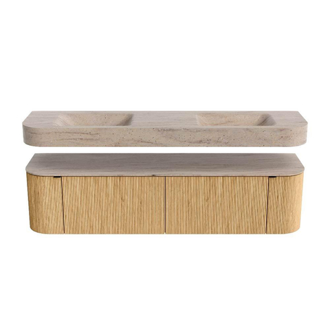 MONDIAZ THOR-DLUX 180cm badmeubel ronding links + rechts kleur Oak met 2 lades en 2 deuren. Vrijhangende wastafel CLOUD Dubbel 2 kraangaten kleur Saba. SW1466235