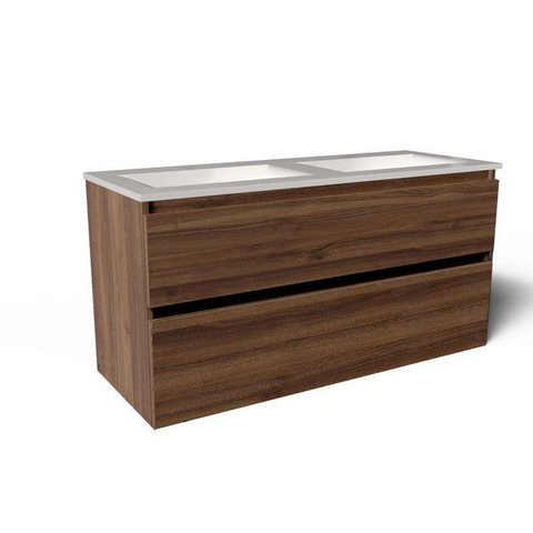 Saniclass Vita Meuble de salle de bain - 120x60x46cm - 2 tiroirs - sans poignée - 2 vasques - sans trous de robinet - trop-plein - céramique - noyer SW1439483