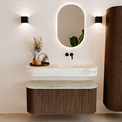 MONDIAZ THOR-DLUX 110cm meuble de salle de bains arrondi gauche + droite couleur Walnut avec 1 tiroir et 2 portes. Vasque suspendue CLOUD droite sans trou de robinet couleur Ostra. SW1462805