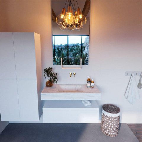 Mondiaz ALAN-DLUX Ensemble de meuble - 100cm - meuble Talc mat - 1 tiroir - Lavabo Cloud Opalo suspendu - vasque Centre - 0 trous de robinet SW806162