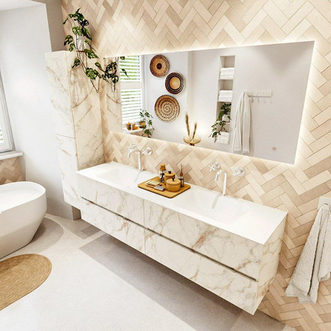 MONDIAZ Vica Ensemble meuble de salle de bains - 180cm - meuble bas Carrara - 4 tiroirs - lavabo Cloud double - 2 trous de robinet - version haute 60cm - Talc SW1085000