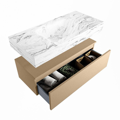 Mondiaz ALAN-DLUX Ensemble de meuble - 100cm - meuble Oro mat - 1 tiroir - Lavabo Cloud Glace suspendu - vasque Centre - 0 trous de robinet SW806400