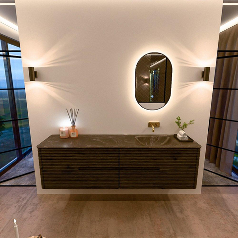 Mondiaz CIRO-DLUX Ensemble de meuble de salle de bains - 180x45x50cm - Plan vasque en solid surface Lava - 1 vasque à droite - sans trous de robinet - 4 tiroirs - Shadow SW1532520
