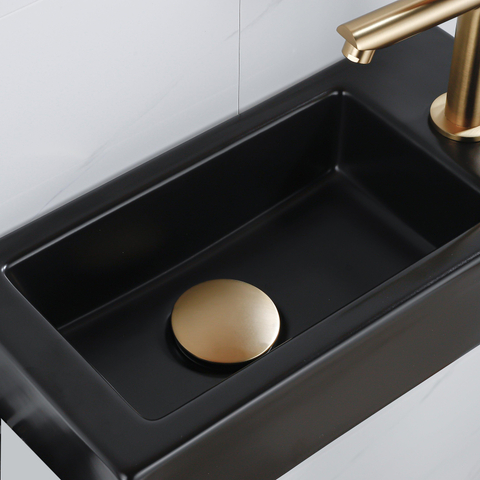 QeramiQ Fuente pack lave-mains – 37,5 x 18,5 x 9 cm – céramique noir mat – perçage à droite – robinet doré brossé SW1232756