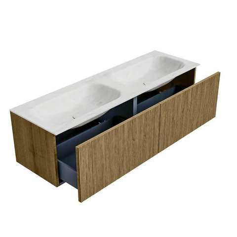 Mondiaz KURVE-DLUX Badkamermeubelset - 150x46x40cm - 2 lade - wastafel solid surface - dubbel - zonder kraangat - Dusk SW1414966