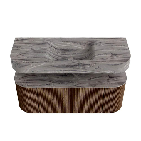 MONDIAZ THOR-DLUX 120cm meuble de salle de bains arrondi gauche + droite couleur Walnut avec 1 tiroir et 2 portes. Vasque suspendue CLOUD Milieu 1 trou de robinet couleur Sombra. SW1463710