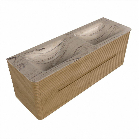 Mondiaz CIRO-DLUX Badkamermeubelset - 140x45x50cm - Solid surface wastafel Arena - 2 wasbak Dubbel - zonder kraangaten - 4 lades - Oak SW1531395