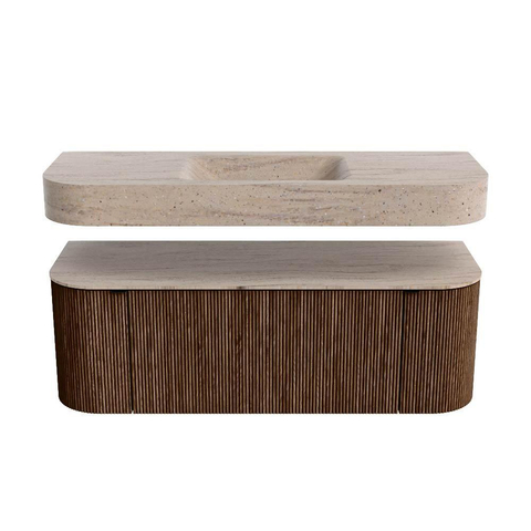 MONDIAZ THOR-DLUX 130cm badmeubel ronding links + rechts kleur Walnut met 1 lade en 2 deuren. Vrijhangende wastafel CLOUD Midden zonder kraangat kleur Saba. SW1464019