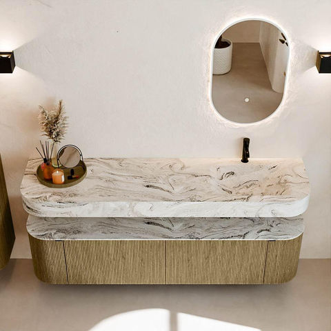 MONDIAZ THOR-DLUX Meuble de salle de bains 180cm arrondi gauche + droite couleur Dusk avec 2 tiroirs et 2 portes. Vasque suspendue CLOUD Droite 1 trou de robinet couleur Glace. SW1465997
