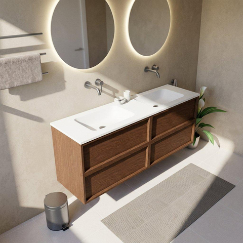 Saniclass Holz Frame Badkamermeubelset - 160x45x77.5cm - Torino solid surface wastafel wit - zonder kraangat - 4 lades - mat walnut pure (hout) SW1579929