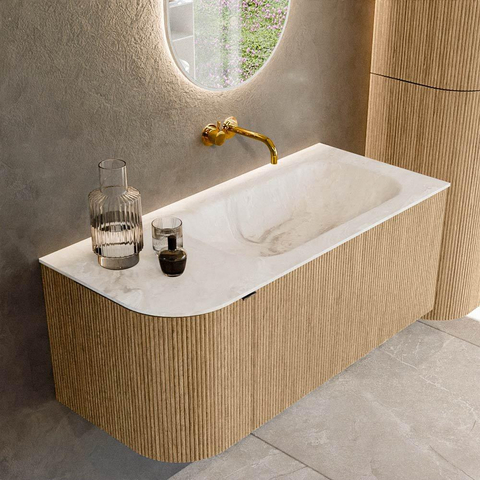 MONDIAZ KURVE-DLUX meuble de salle de bains 105cm avec module 25 L couleur chêne avec 1 tiroir et 1 porte. Vasque BIG SMALL droite sans trou de robinetterie couleur Frappe. SW1137340