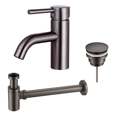Fortifura Calvi Wastafelkraanset - lage wastafelkraan - klikwaste plug - verlaagde design - sifon - PVD - geborsteld gunmetal (antraciet) SW891981