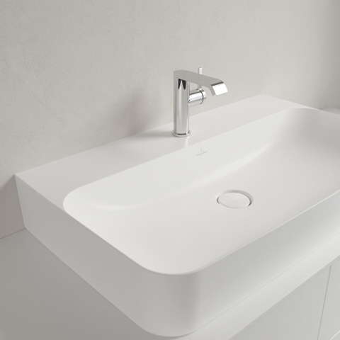 Villeroy & Boch finion wastafel onderzijde - geslepen - 1 kraangat - 80x47cm CeramicPlus - met verdekte overloop - Stone White (mat wit) SW209556