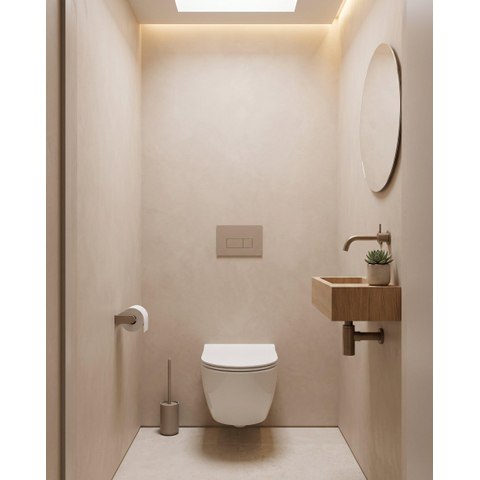 Pack WC QeramiQ Dely Swirl Compact - réservoir encastrable Geberit UP320 - avec bâti-support Burda - abattant slim - plaque de commande en plastique taupe - boutons rectangulaires - blanc brillant SW1592305