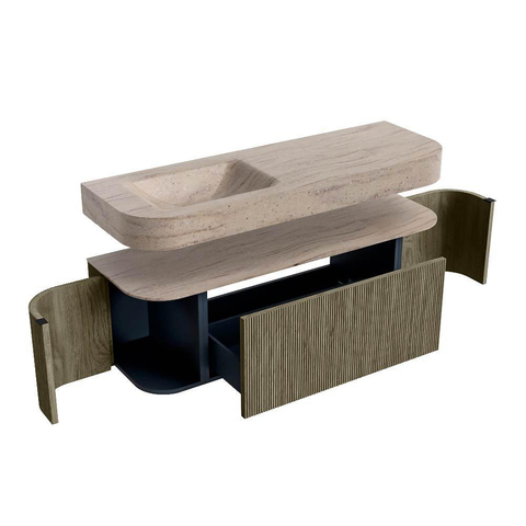 MONDIAZ THOR-DLUX 140cm badmeubel ronding links + rechts kleur Shadow met 1 lade en 2 deuren. Vrijhangende wastafel CLOUD Links 1 kraangat kleur Saba. SW1464340