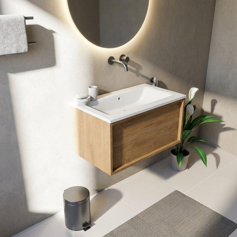 Saniclass Holz Frame Badkamermeubelset - 80x45x57.5cm - Torino solid surface wastafel wit - zonder kraangat - 1 lade - mat eiken natural (hout) SW1478650