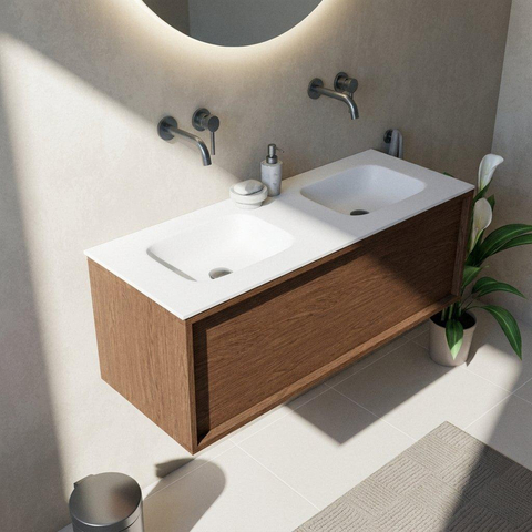 Saniclass Holz Frame Badkamermeubelset - 120x45x41.5cm - Flow solid surface wastafel wit - 2 wasbakken - zonder kraangaten - 1 lade - mat walnut pure (hout) SW1478412