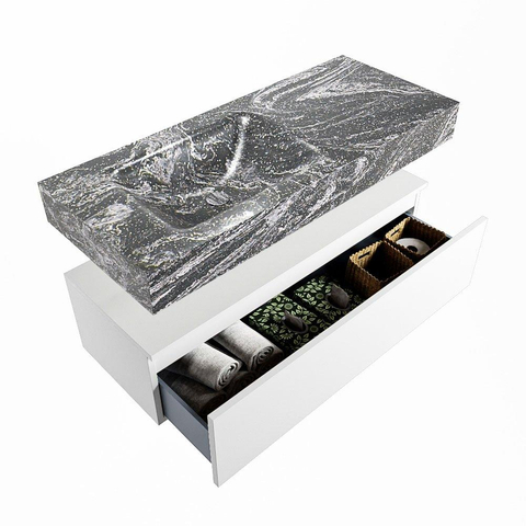 Mondiaz ALAN-DLUX Ensemble de meuble - 110cm - meuble Talc mat - 1 tiroir - Lavabo Cloud Lava suspendu - vasque Gauche - 0 trous de robinet SW807892
