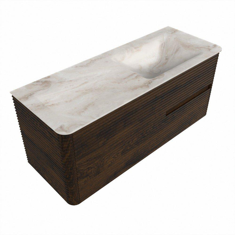 Mondiaz CIRO-DLUX Meuble de salle de bains - 120x45x50cm - Plan vasque solid surface Frappe - 1 vasque à droite - sans trous de robinetterie - 2 tiroirs - Noyer SW1530288