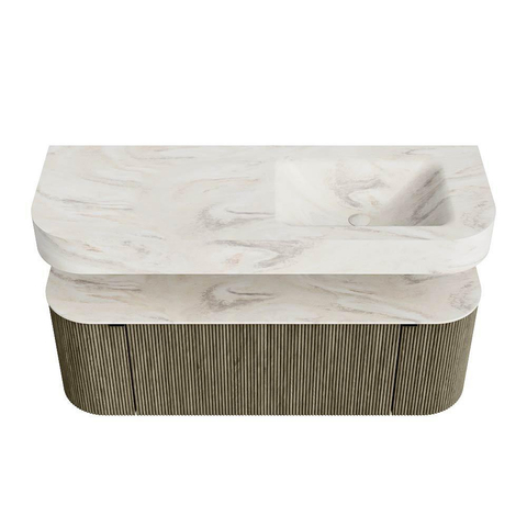 MONDIAZ THOR-DLUX 130cm meuble de salle de bains arrondi gauche + droite couleur Shadow avec 1 tiroir et 2 portes. Vasque suspendue CLOUD Droite 1 trou de robinet couleur Ostra. SW1463794
