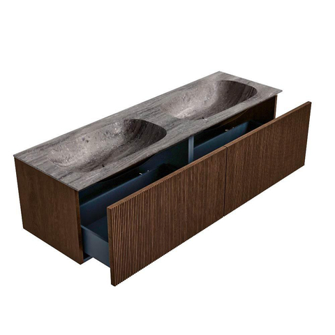 MONDIAZ KURVE-DLUX 150cm badmeubel kleur Walnut met 2 lades en 0 deuren. Wastafel STOR SMALL Dubbel zonder kraangat Oza. SW1432483