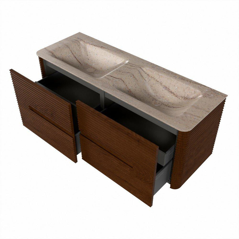 Mondiaz CIRO-DLUX Badkamermeubelset - 130x45x50cm - Solid surface wastafel Saba - 2 wasbak Dubbel - zonder kraangaten - 4 lades - Ruby SW1532167