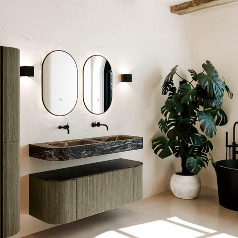 MONDIAZ THOR-DLUX 130cm meuble de salle de bains arrondi gauche + droite couleur Shadow avec 1 tiroir et 2 portes. Vasque suspendue CLOUD Double sans trou de robinet couleur Lava. SW1463772