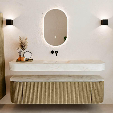 MONDIAZ THOR-DLUX Meuble de salle de bains - 170cm - arrondi gauche + droite - couleur Dusk - 1 tiroir - 2 portes - Vasque suspendue CLOUD Milieu sans trou de robinet - couleur Ostra SW1465626