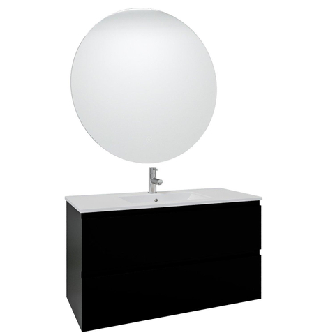 Saniclass Chaci Meuble de salle de bain - 100x46x55cm - lavabo en céramique blanc - 1 vasque - 1 trou de robinet - 2 tiroirs - ronde miroir avec éclairage - noir mat SW816285
