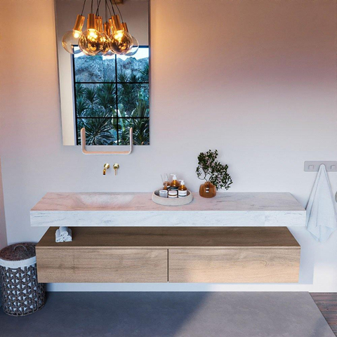 Mondiaz ALAN-DLUX Ensemble de meuble - 200cm - meuble Washed Oak mat - 2 tiroirs - Lavabo Cloud Opalo suspendu - vasque Gauche - 0 trous de robinet SW809215
