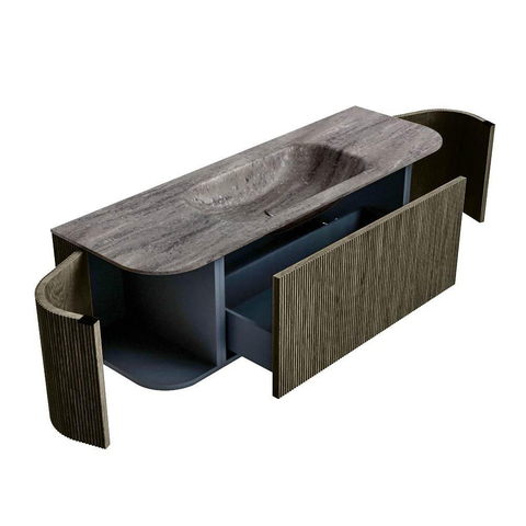 MONDIAZ KURVE-DLUX 140cm badmeubel ronding Links + Rechts kleur Shadow met 1 lade en 2 deuren. Wastafel BIG SMALL Midden 1 kraangat Oza. SW1432886