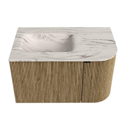 MONDIAZ KURVE-DLUX 75cm badmeubel ronding Rechts kleur Dusk met 1 lade en 1 deur. Wastafel GRUNNE Links zonder kraangat Nata. SW1432352