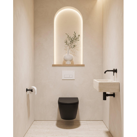 QeramiQ Dely Pack WC - 36,3x51,7cm - à fond creux - sans bride - réservoir encastré Geberit UP320 - abattant WC softclose 35 mm - plaque de déclenchement blanche brillante - boutons rectangulaires - noir mat SW1235419