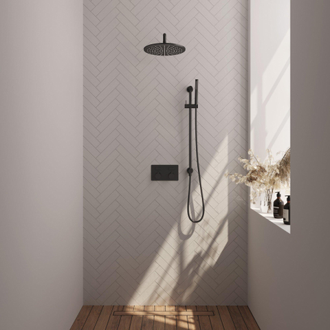 BRAUER Black Edition Douche de tête thermostatique encastrée - boutons-poussoirs - SET 64 - pomme de douche 30 cm - bras mural courbé - douchette barre - flexible de douche - barre de douche intégrée - noir mat SW925429