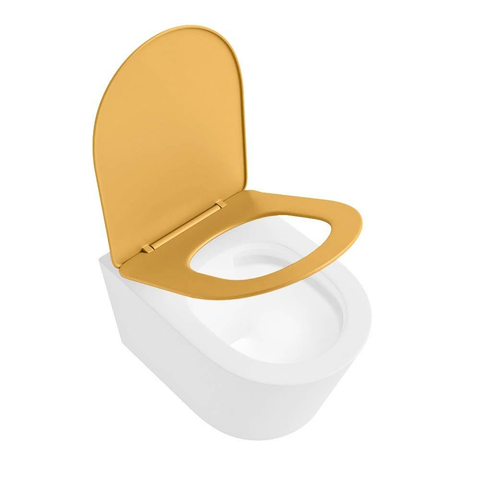 Mondiaz LAVIE hangtoilet – spoelrandloos – 36 x 53 cm – met softclose zitting – Talc (wit), zitting Ocher (geel) SW1208681