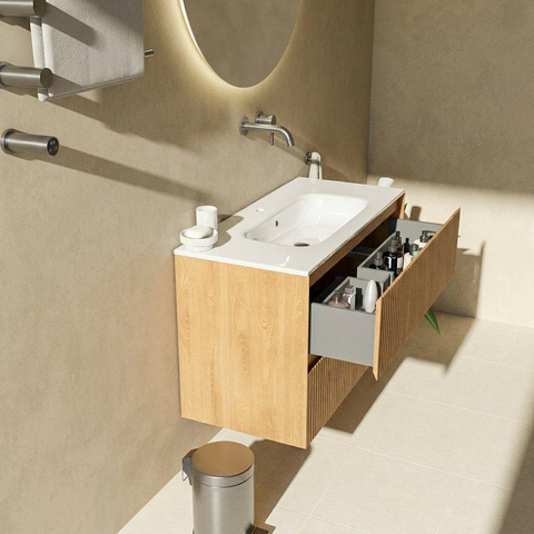 Saniclass Holz Atelier Ensemble de meubles de salle de bains - 100x45x73.9cm - lavabo Chaci en céramique blanc - 1 vasque - sans trou de robinetterie - 2 tiroirs - chêne natural mat (bois) SW1478803
