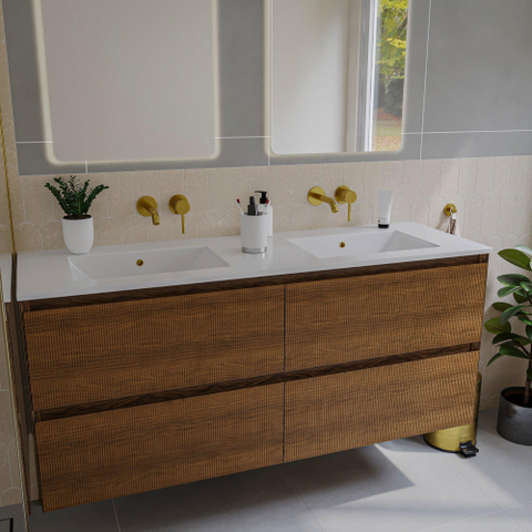 Saniclass Holz Atelier Meuble de salle de bain - 140x45x60cm - lavabo en céramique blanc - 2 vasques - sans trous de robinet - 4 tiroirs - Walnut pure SW1437739