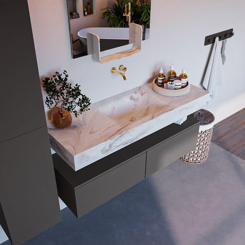 Mondiaz ALAN-DLUX Ensemble de meuble - 130cm - meuble Dark grey mat - 2 tiroirs - Lavabo Cloud Frappe suspendu - vasque Centre - 0 trous de robinet SW805270