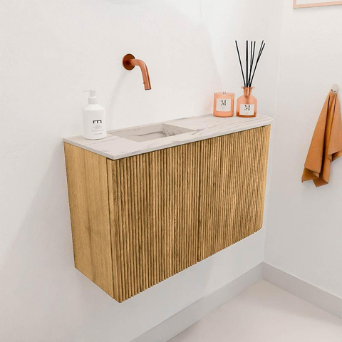 Mondiaz JOYA-DLUX 71.6cm toiletmeubel - ronding rechts kleur Oak - Wastafel FAYE positie Links Zonder kraangat kleur Nata. SW1424062