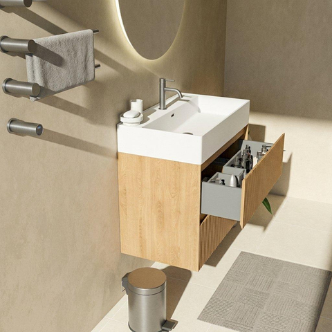 Saniclass Holz Atelier Badkamermeubelset - 80x45x72cm - Legend keramische wastafel mat wit - 1 wasbak - 1 kraangat - 2 lades - mat eiken natural (hout) SW1579612