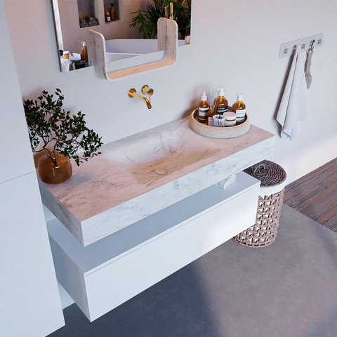 Mondiaz ALAN-DLUX Ensemble de meuble - 110cm - meuble Talc mat - 1 tiroir - Lavabo Cloud Opalo suspendu - vasque Centre - 0 trous de robinet SW806083