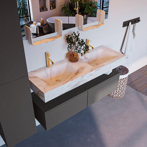 Mondiaz ALAN-DLUX Ensemble de meuble - 130cm - meuble Dark grey mat - 2 tiroirs - Lavabo Cloud Frappe suspendu - vasque Gauche et droite - 2 trous de robinet SW805053